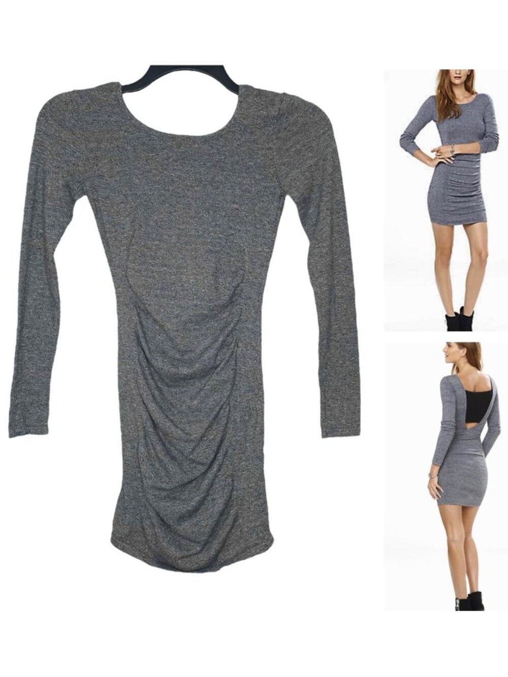 Express Womens Dress XS Bodycon Ruched Long Sleeve Marled Gray Stretch